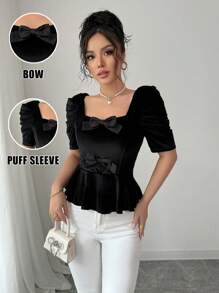 Chiquease Women's Elegant Bow Deep V-Neck Ruched Puff Sleeve T-Shirt - Black - View 1