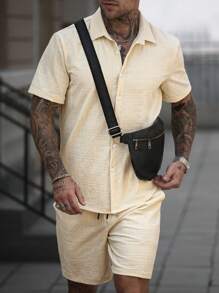 Manfinity Homme Men 2 Pieces Set: Short Sleeve Button Down Shirt With Shorts - Beige - View 5