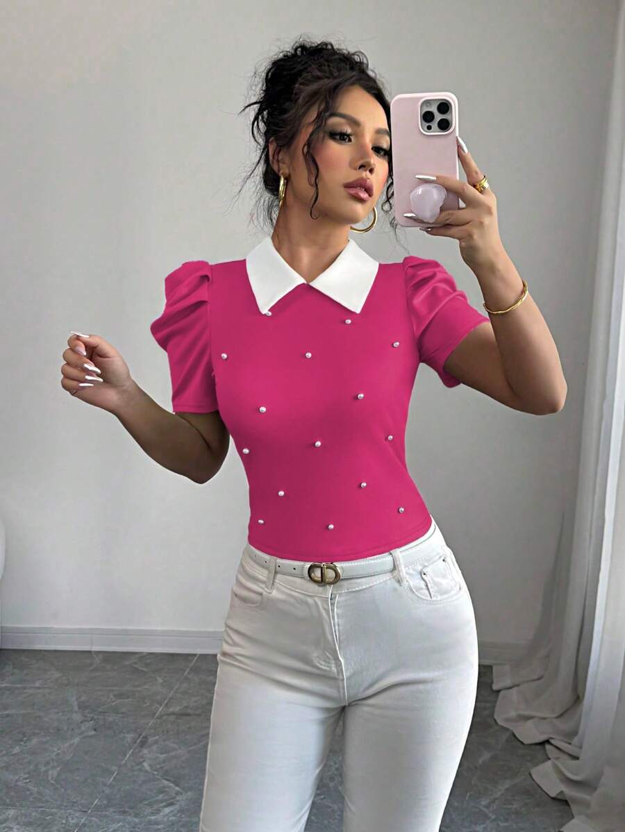 Selianne 优雅日常领口黑白拼布串珠修身女式 T 恤