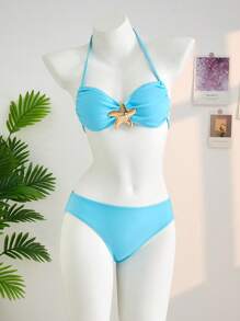 SHEIN Conjunto de bikini de 3 piezas con estrella de mar azul y botones metálicos para adolescentes, ideal para vacaciones en la playa - Azul - Ver 3