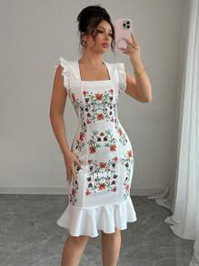 Elenzga Women's Floral Print Cap Sleeve Elegant Mini Dress For Vacation