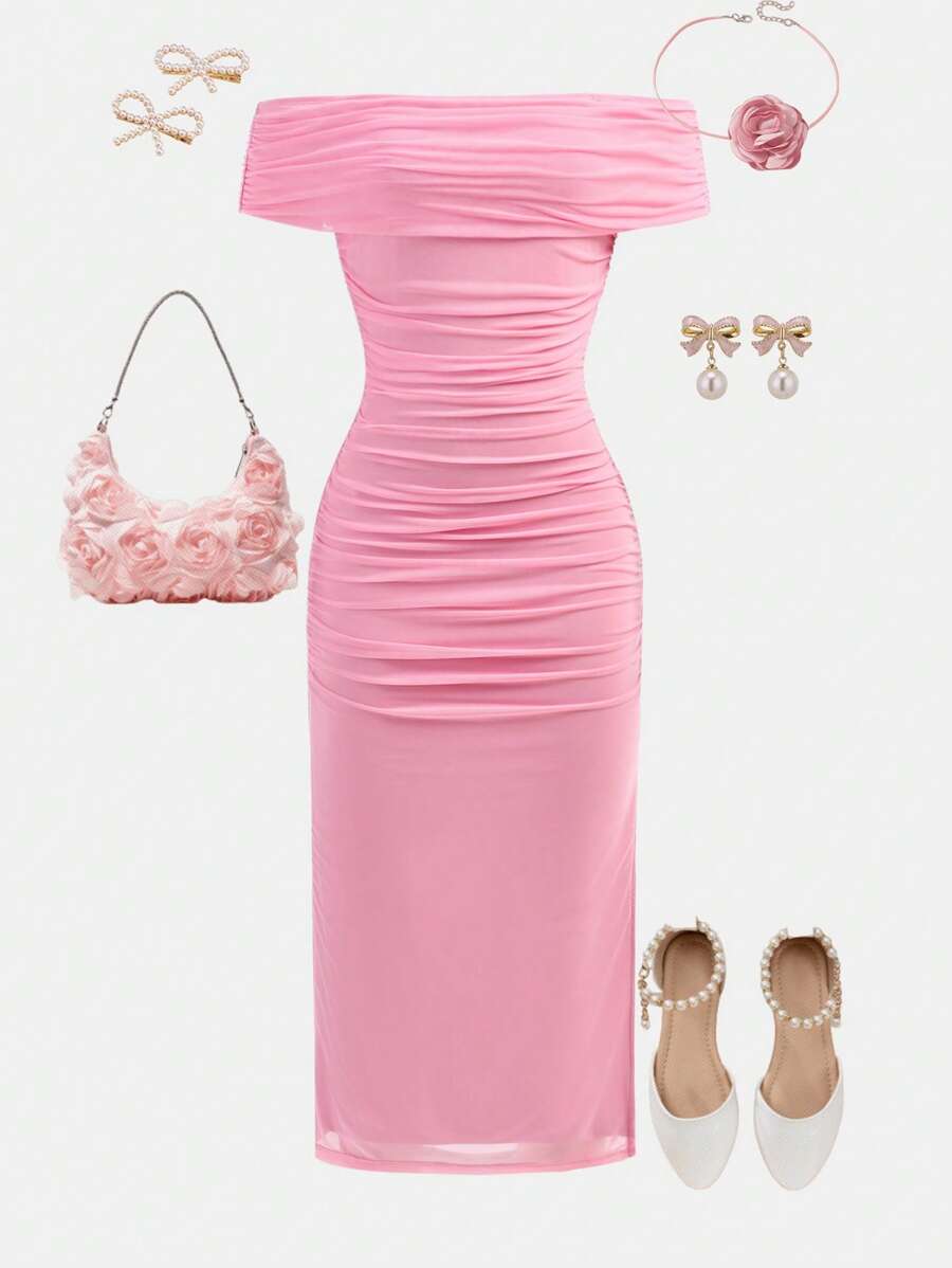 SHEIN Girlism TEENGIRL Pink Elegant Off-Shoulder Pleated Mesh Snug Fit Dress,Party Dress - Pink - View 1