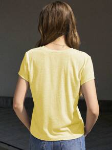 Jouncy Maglietta casual versatile da donna con stampa a pentagramma, scollo a V e maniche corte, top color giallo burro