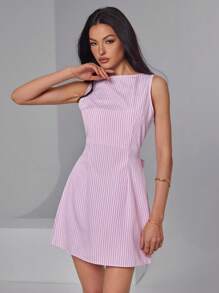 Roylia 无袖/喇叭下摆/上装合身下装宽松/洋红条纹/清新浪漫/年轻淑女连衣裙 - 玫紅色 - 查看 3