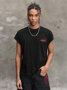 ROMWE MEN Street Life Men's Letter Print Round Neck Casual Loose Tank Top - Black - View 10