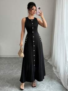 Elenzga Vestido casual de longitud media, de un solo pecho, con bolsillos y sin mangas, de color liso para mujeres