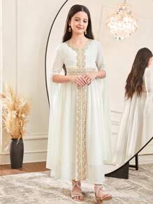 SHEIN 少女裹身 V 领金色缎带喇叭袖连衣裙