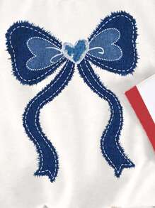 3pcs Baby Girl Casual Creative Denim Effect Bow, Cherry & Letter Printed Graphic Short Sleeve T-Shirts, Basic Style - Multicolor - View 4