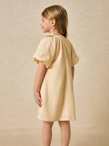 SHEIN Young Girls Elegant Apricot Dress With Oversized Bow And Puff Sleeves, Spring/Summer