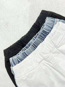 SHEIN 3 Stücke Set für Baby-Jungen, Sommer, Vintage, Distressed, Street, cooler Stil, lässig, für jeden Tag, blau, weiß und schwarz, Denim, Baumwolle, elastischer Bund, lockere Passform, Baggy-Jeans, kurzes Set, für Baby-Schulanfangskleidung und Streetwear-Outfits