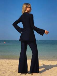 Swim Mulvari 女式全新纯色夏季两件套高领长袖褶皱喇叭袖口收腰端庄度假防晒沙滩装