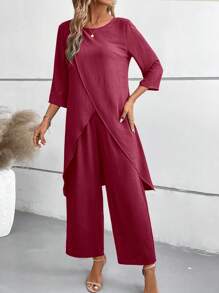 EMERY ROSE 2pcs Set: 3/4 Sleeve Shirt And Elastic Waist Long Pants - Hot Pink - View 4