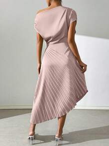 Chiquease Women's Summer Elegant Green Open Shoulder Dress With Pleated Panel Maxi Satin Women Outfit - Baby Pink - View 2