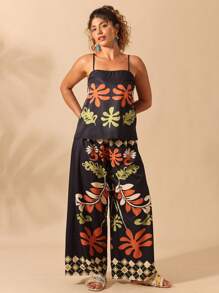 Breezaya 2 pezzi/set, Taglia oversize, Pigiama stampato con motivi tropicali, Canotta e pantaloni, Adatto per spiaggia e vacanze, Nuovo arrivo per l'estate