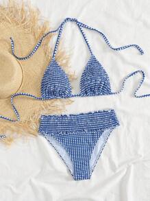 SHEIN Swim Vcay Bộ đồ bơi Tankini họa tiết kẻ caro xanh trắng cho kỳ nghỉ thường ngày của phụ nữ - Xanh và trắng - Xem 4