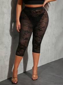 SHEIN SXY Plus Size Sheer Floral Print Capri Leggings: Black Knitted Fabric For A Chic Look - Black - View 3