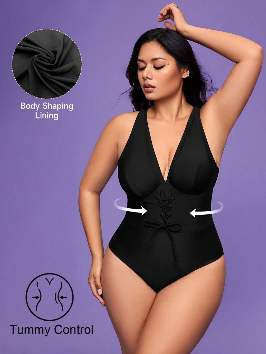 SHEIN Swim Curve 1pc Plus Size One-Piece Swimsuit With Shaping Straps And Underwired For Summer Beach Vacation - Black - View 1