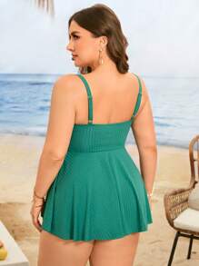 Swim Lushoire Plus Size Women 2Pcs Solid Green Fashion Metal Buckle Adjustable Strap High Waist Triangle Bikini With Bow And Striped Blouson Style Top - Green - View 2