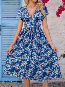 SHEIN Clasi Women's Pink Ditsy Floral Elegant Waist Cinched Cap Sleeve Midi Dress, Vacation,Summer Dresses For Women - Navy Blue - View 3