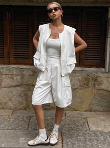 Livesso 女士圆领拉链无袖短夹克背心，百搭 - 白色 - 查看 2