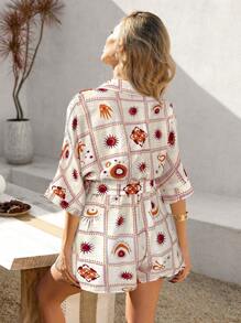 Vivid Eden Women's Sun Print Batwing Sleeve Waist Tie Casual Shirt Romper,Vacation Outfits For Women, - Multicolor - View 2