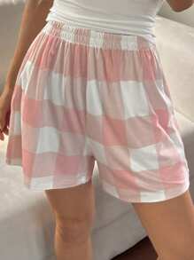 DAZY 简约格纹宽松短裤女士家居短裤家居服睡眠短裤 - 粉色 - 查看 6