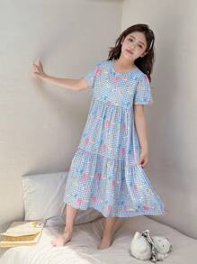 Dazy Kids Tween Girls Floral Print Short Sleeve Round Neck Woven Homewear Sets For Summer