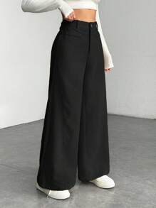 SHEIN PETITE Quần ống rộng màu trơn lưng thấp, thời trang cho mùa hè - màu đen - Xem 4