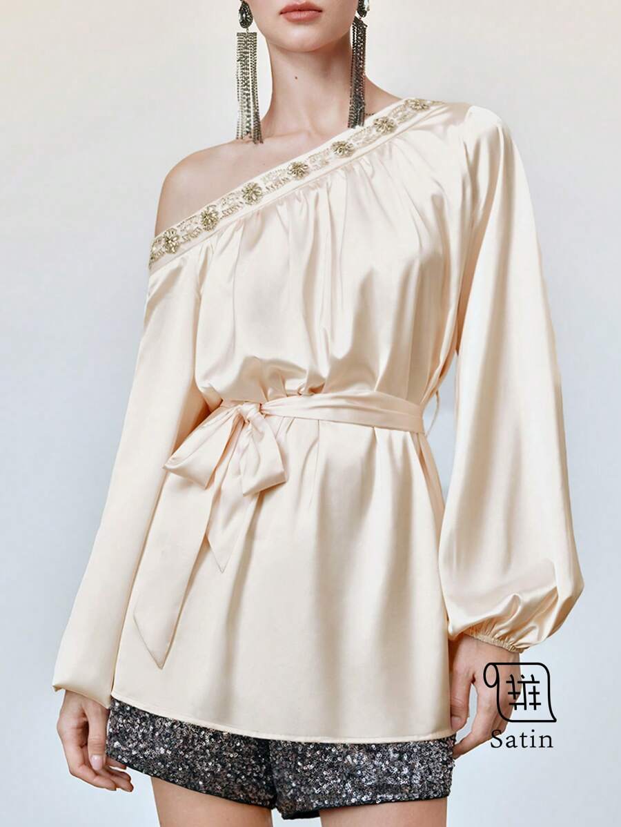 SHEIN LUNE High-End Asymmetrical Shoulder Embellished Long Sleeve Shirt Fall Cloth For Women - Apricot - View 1