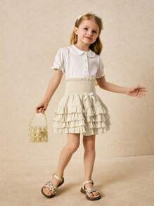 SHEIN Young Girls' Elegant Beige Drawstring Waist Multi-Layer Hem A-Line Skirt, Spring/Summer - White - View 5