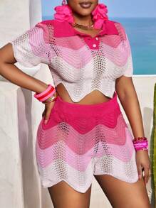 Slaydiva Plus Size Women Pink Ombre Short Knit 2Pcs Set (Top+Shorts), Casual Holiday Wear, Spring/Summer - Pink - View 3