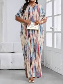 SHEIN CURVE+ Spring And Summer Autumn And Winter Elegant Navy Blue Woven Notched Kaftan Dress Plus Size Dresses - Multicolor - View 6