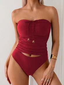 Swim Lushoire Elegant & Versatile Slim Fit Bandeau Top, Fashionable For Summer - Burgundy - View 4