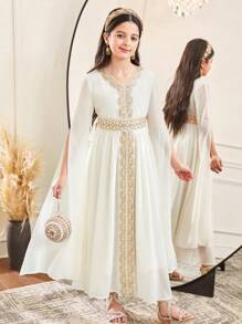 SHEIN 少女裹身 V 领金色缎带喇叭袖连衣裙