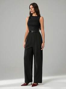 SHEIN Tall Bộ đồ liền thân ống rộng xếp ly màu đen cho nữ kèm thắt lưng, phong cách thường ngày, phong cách quý tộc, phong cách công sở - màu đen - Xem 7