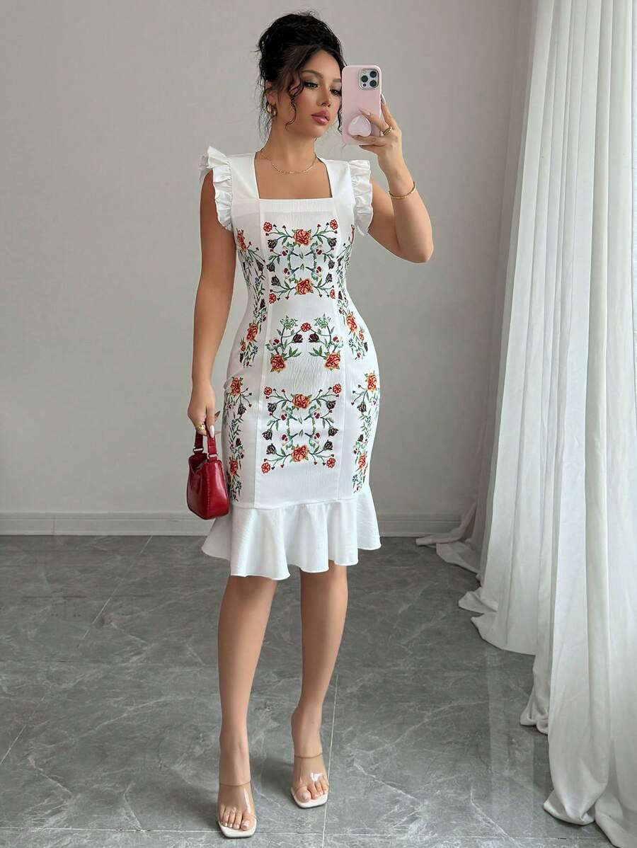 Elenzga Women's Floral Print Cap Sleeve Elegant Mini Dress For Vacation