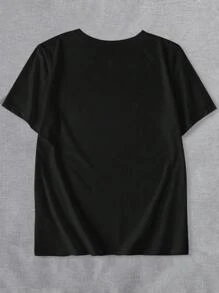 INAWLY Áo thun tay ngắn cổ chữ V in hình trái tim cỡ lớn, phong cách đường phố Y2K cổ điển màu đen - màu đen - Xem 2