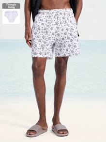Manfinity VDAYZ Pantalones cortos de playa casuales para hombre con estampado completo, cintura con cordón y bolsillos