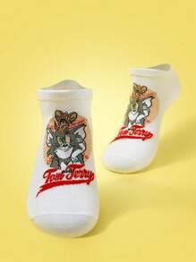 TOM & JERRY X SHEIN 1 Pasang Kaos Kaki Pendek Wanita Nyaman dan Lembut dengan Motif Kucing Kartun - Putih - View 3