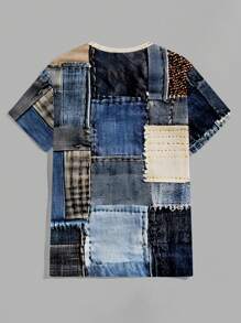 Manfinity Homme Camiseta con estampado de patchwork para hombres, de estilo minimalista, adecuada para el verano