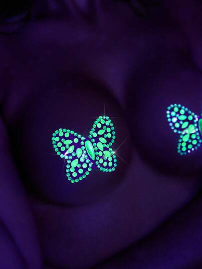 Glow-In-The-Dark, Glowing, Butterfly, Rhinestone, Luxury, Crystal Adorned, Sexy, Sparkly Ladies Nipple Covers & Chafing Friction Relief Pads For Rave