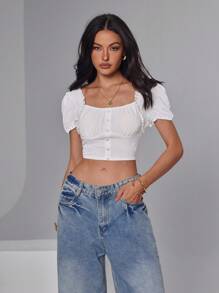 Roylia 女士方领优雅法式浪漫版型纹理可爱泡泡袖短款衬衫 - 白色 - 查看 4