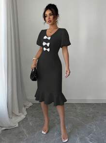 Elenzga Black Bow Ruffle Hem Puff Sleeve Elegant Dress For Women - Black - View 6