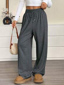 SHEIN EZwear Pantalones de chándal sueltos de unicolor con cordón en la cintura para mujer
