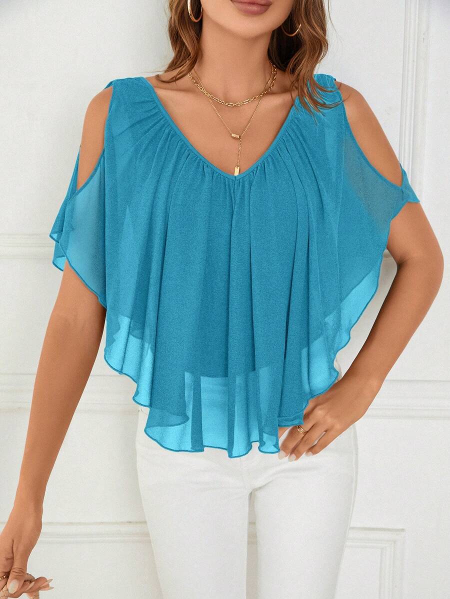 SHEIN Clasi Women's Casual Solid Color Open Shoulder 2 In 1 T-Shirt, Summer - Teal Blue - View 1