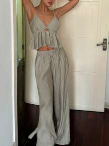 DAZY Women's Minimalist Vacation Style Textured Fabric Ruffle Strap Jumpsuit Pajama Set - Khaki - View 6