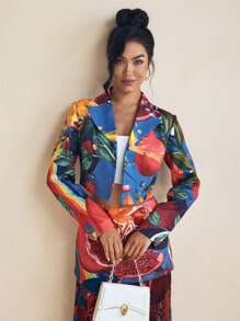 SHAQUITA GARCIA Blazer corto con stampa a frutta, maniche lunghe, bottoni, stile business casual, adatto per primavera/estate, da ufficio