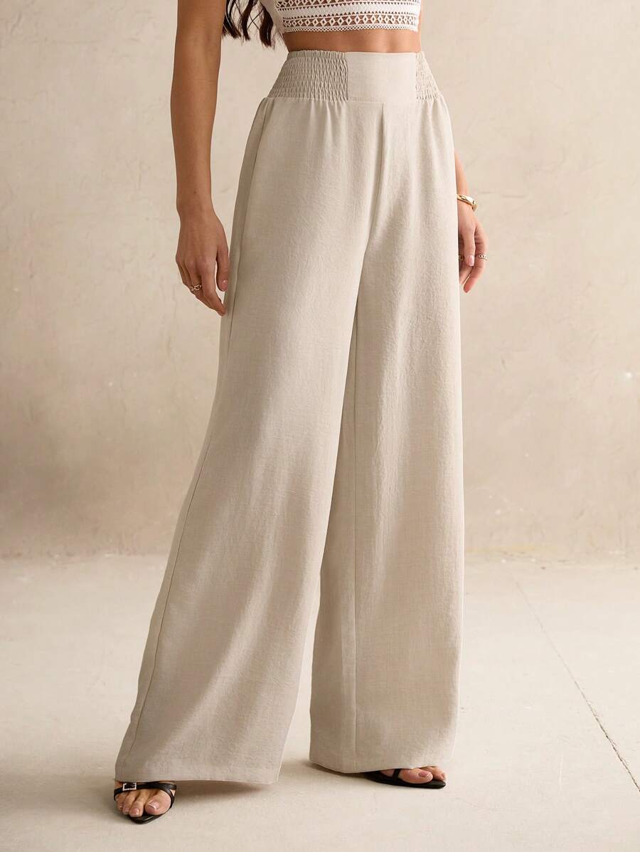 SHEIN Tall Quần ống rộng đi nghỉ hè thoải mái có cạp chun - Màu Khaki - Xem 1