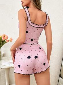 SHEIN Women's Heart Print Ruffled Strap Shorts Sleepwear Set - Pink - View 2