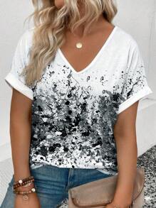 SHEIN VCAY CURVE Women's V-Neck Folding Cuff Short Sleeve Camouflage Print Plus Size T-Shirt - White - View 1